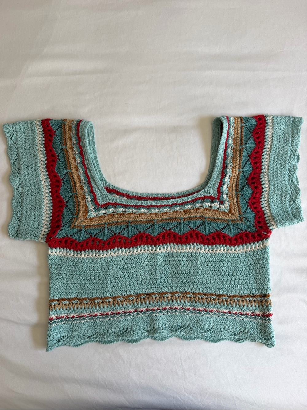 POL Crochet Blue Red Bohemian Cropped Square Neck Open Knit Sweater YST245